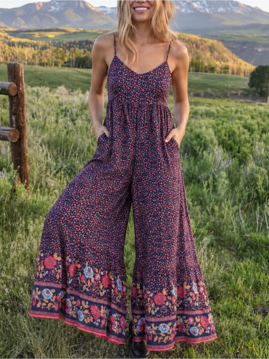NATURAL LIFE Pants - Natural Life Sedona Jumpsuit Small Navy Pink Floral Boho Wide Leg Pockets Earthy